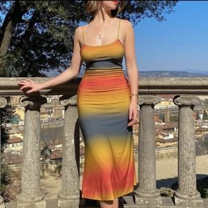 Sexy slinky dip dyed style spaghetti strap cami midi dress